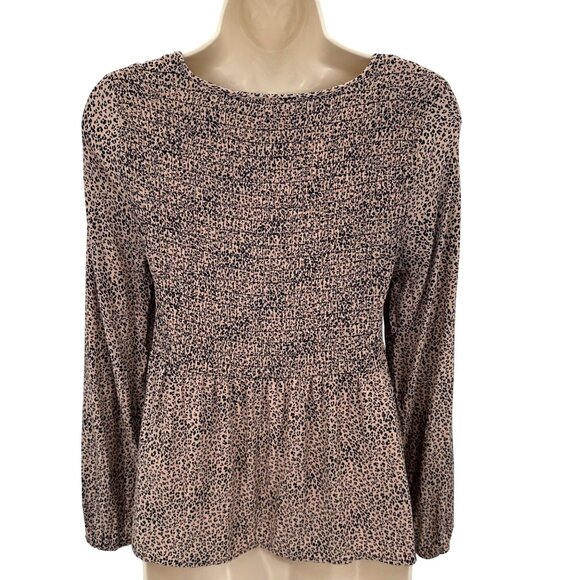 Urban Romantics Women Brown Smocked Leopard Print Long Sleeve Peplum Blouse S - Picture 4 of 7